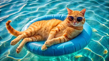 Adorable orange cat lounges in a pool float, donning trendy sunglasses, surrounded by gentle ripples in calm blue water on a sweltering summer day.