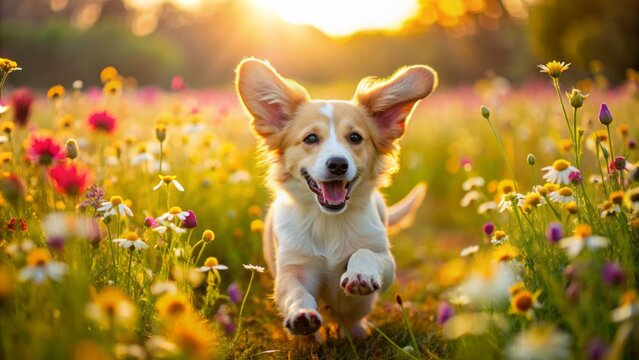 Adorable puppy runs freely amidst vibrant summer flowers, ears perked up, tail wagging, and a joyful smile, completely carefree and utterly adorable.