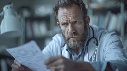 Fototapeta premium Doctor in Lab Coat: A doctor wearing a lab coat and glasses, sitting at a desk examining medical documents.