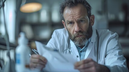 Doctor in Lab Coat: A doctor wearing a lab coat and glasses, sitting at a desk examining medical documents.