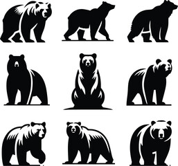 Bear silhouette, various poses of bear, standing, walking, sitting, wildlife, nature, animal, black, outline, wild, mammal, grizzly bear collection