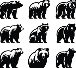 Bear silhouette, various poses of bear, standing, walking, sitting, wildlife, nature, animal, black, outline, wild, mammal, grizzly bear collection
