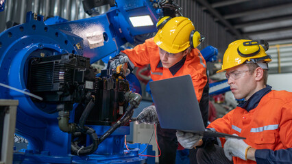 group of male engineer workers maintenance automatic robotic arm machine in a dark room factory. worker checking and repairing automatic robot hand machine. Worker wearing safety glasses and helmet.