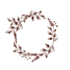 Maroon leaves and wild flowers in watercolor. Frame of branches in dark red color isolated. Watercolor monochrome plants wreath. Design of branding , invitations, printed products, save the date