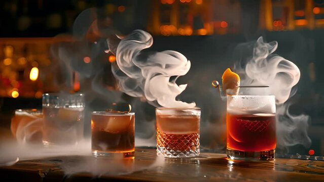Smoked old fashioned rum cocktail with cubes of ice around on a dark background on a bar in a club or pub. Cocktail drinks served in glass with smoke 4k