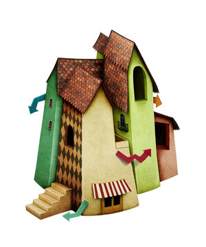 Fantasy unreal house with multi-colored walls isolated from the background. 