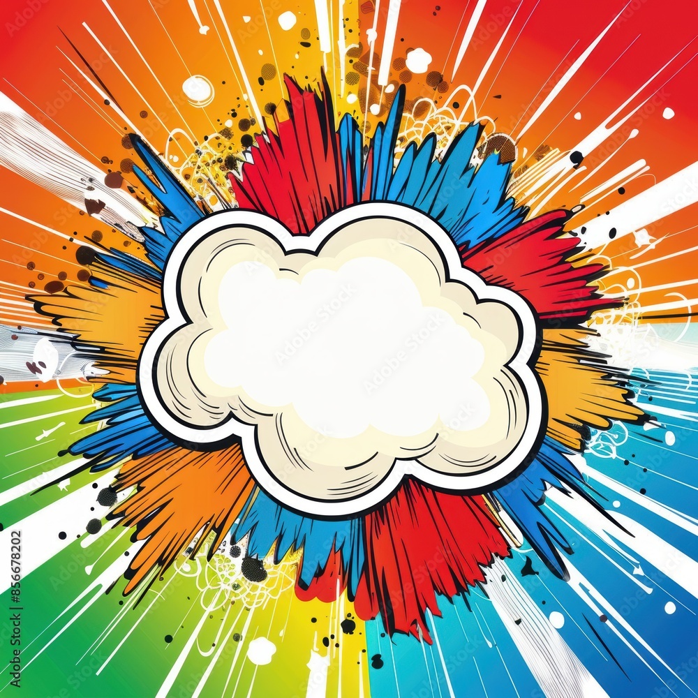 Poster vivid comic-style burst with an empty speech bubble, surrounded by explosive colors and patterns, id