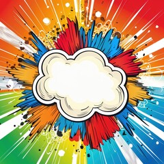 Vivid comic-style burst with an empty speech bubble, surrounded by explosive colors and patterns, ideal for creating dynamic visual content