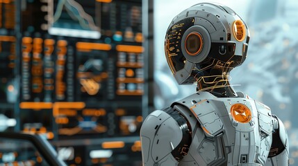 A futuristic robot stands before a large digital screen, its back to the viewer, gazing into the glowing interface.