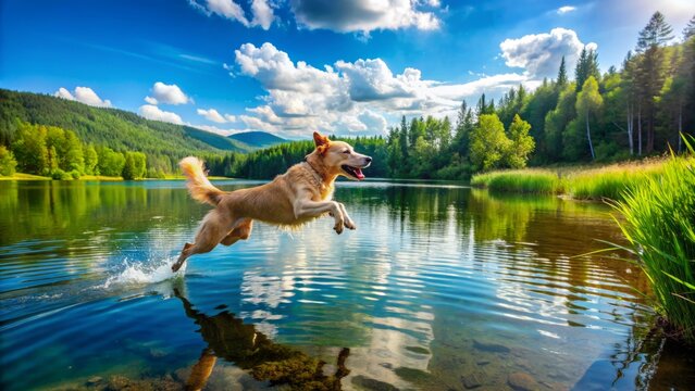 A carefree happy dog leaps with joyful abandon into the calm crystal-clear lake waters on a warm sunny summer day surrounded by lush greenery.