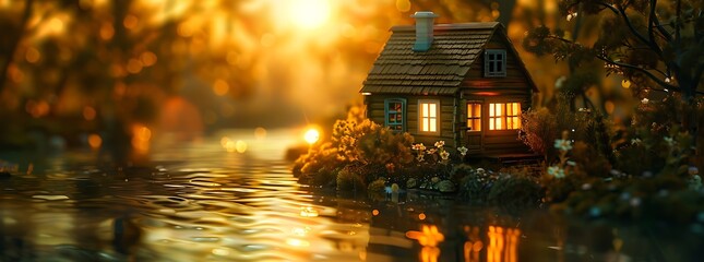 Naklejka premium A miniature riverside cabin basks in the glow of the setting sun, its warm lights casting a welcoming glow across the tranquil waters of the winding river