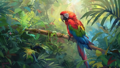Colorful parrot perched on a branch in a lush tropical rainforest, illuminated by sunlight filtering through the dense foliage.