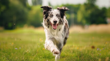 blue merle border collie runs outdoors on a large grass field
