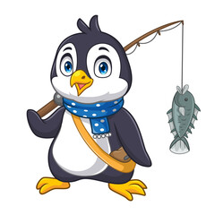 Cartoon little penguin holding a fishing rod carrying fish