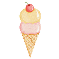 Watercolor Strawberry and Vanilla Ice Cream cone.