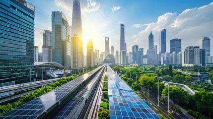 A vibrant urban cityscape with innovative solar-powered buildings and infrastructure, with clear areas for text and graphics emphasizing the benefits of residing in an environmentally friendly manner