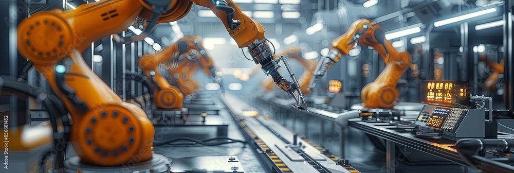 Aufkleber a glimpse into a high-tech manufacturing facility, showcasing robotic arms and automated systems con