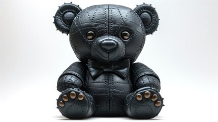 Black leather teddy bear toy with bow tie on white background