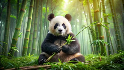 Obraz premium Adorable giant panda bear sits solitary in lush green bamboo forest surroundings, tenderly grasping bamboo shoots with tiny paws, exuding innocence.