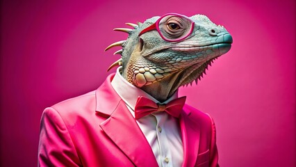 Amusing reptile sports pink suit, glasses, and confident demeanor, posing against vibrant pink and red backdrop, exuding whimsical sophistication.
