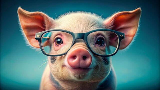 Whimsical closeup portrait of adorable pint-sized piglet donning trendy glasses against a vibrant bright blue background, exuding innocence and charm.