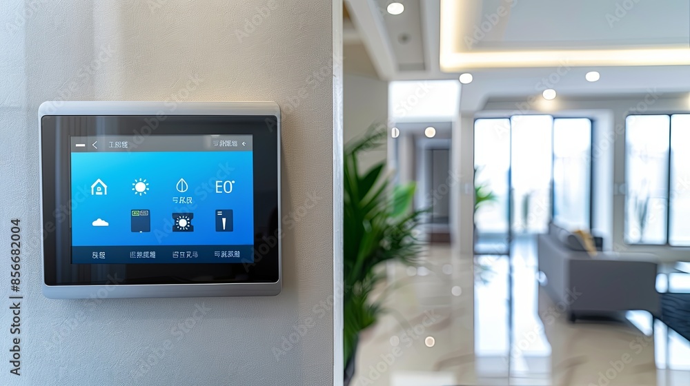 Poster in a modern smart home, a touchscreen control panel on the wall shows icons for lighting, security, 