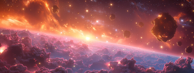 Asteroids in cosmos panorama, comic style vector art