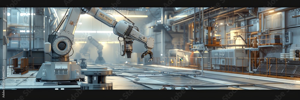 Poster a high-tech manufacturing plant with robotic arms controlled by ai optimizes production processes. t