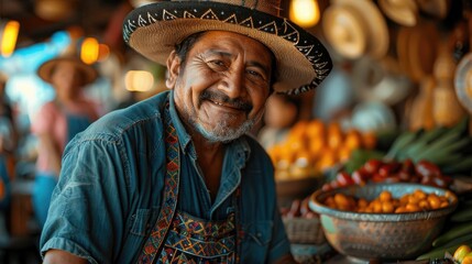 Obraz premium smiling Mexican man wears traditional near the platters filled with various dishes of authentic delicious street food