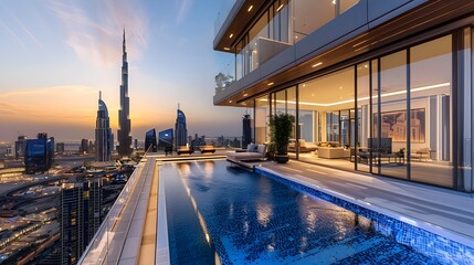 Modern luxury architecture in Dubai, stylish penthouse apartment with large balcony and swimming pool, scenic of city skyline with skyscraper at sunset, landmark iconic tower background. 3d modern art