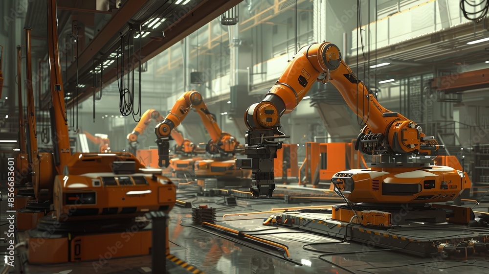 Fototapete a view of an advanced manufacturing facility showcasing robotic arms and automated systems working t
