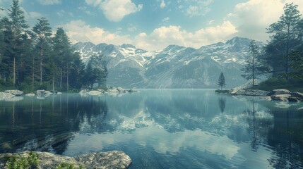 Nature and Landscapes Lake: A 3D copy space background of a tranquil lake