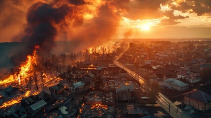a burning village or small town. strong forest fires destroy nearby residential buildings in the village. view from above