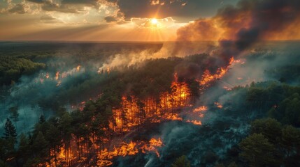 extinguishing a forest fire from a helicopter. A special firefighting helicopter extinguishes a large forest fire on a summer day