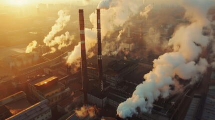 a large factory with smoking chimneys that poison the environment, top view. concept of unfavorable ecology near a large plant