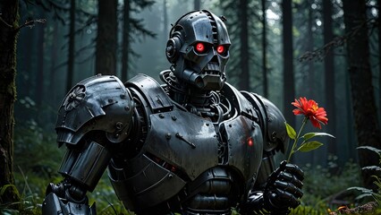 Fototapeta premium Robot Holding Flower in Forest.