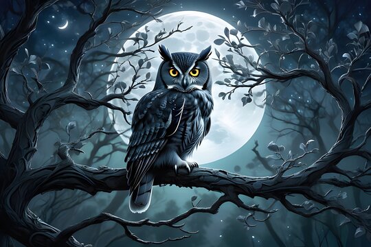 An owl perched on a branch under a moonlit sky, with mystical, AI-generated details and a dreamlike atmosphere.