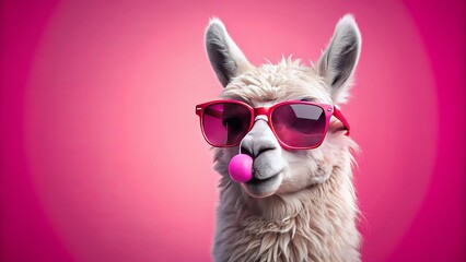 Fototapeta premium Adorable llama alpaca wearing trendy pink sunglasses and blowing bubblegum against a vibrant pink background with ample copyspace, exuding playful charm and whimsy.