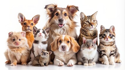 Adorable assortment of cute pets, including dogs, cats, rabbits, and hamsters, gathered together on a clean white background, perfect for banners.