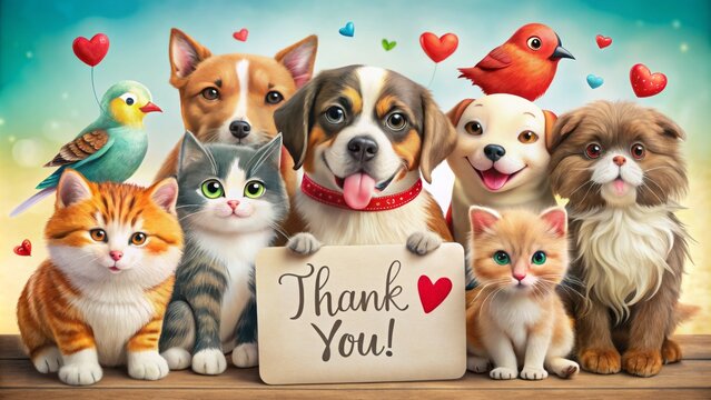 Adorable cartoon animals, including a kissing cat, dog, and bird, gather around a colorful thank you card with a big red lip mark on it.