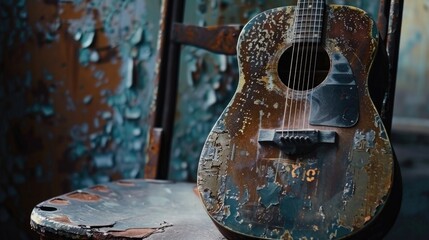 Old steel backdrop with acoustic guitar