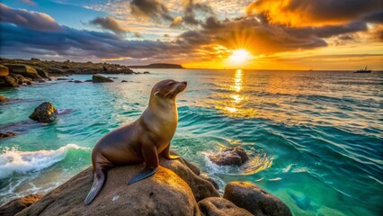 Fototapeta premium Warm golden sunset illuminates the serene galapagos shoreline where a lone sea lion basks on a rock, surrounded by crystal clear turquoise waters.