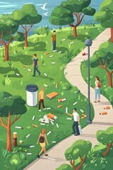 Cigarette Litter Cleanup, Volunteers cleaning up cigarette litter from a park, showcasing the impact of cigarette waste on the earth. Vector illustrate, birds-eye view
