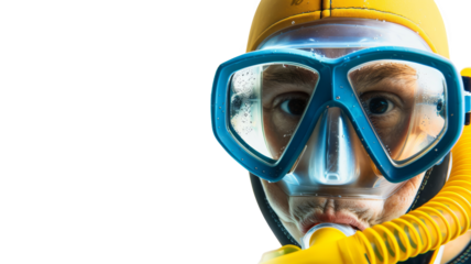 Close-up portrait of a scuba diver wearing blue goggles and a yellow snorkel, prepared for underwater exploration.