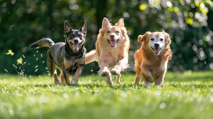 Three cute dogs and a cat run happily on the grass.