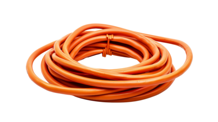 Coiled orange extension cord isolated on white background. Perfect for electrical tools, outdoor use, and safety equipment imagery.