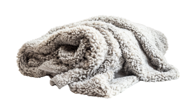 Cozy fluffy gray blanket folded. Soft and warm fabric for comfort at home. Perfect for winter or decor. High-quality textile. Isolated on white.