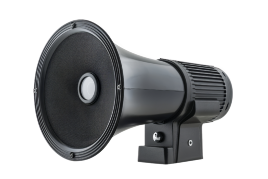 High-quality black megaphone with a sturdy mount, perfect for announcements, events, or personal use. Isolated on a white background.