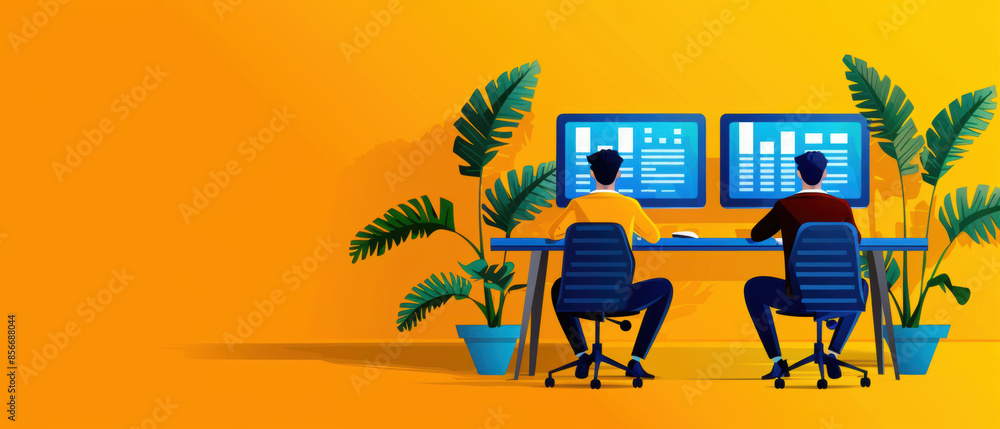 Poster Two men are sitting at a desk with two computer monitors in front of them