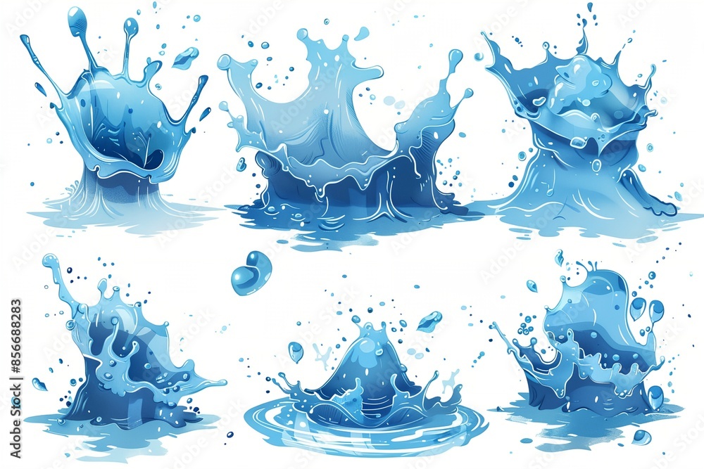 Poster a series of blue water splashes with one of them being a heart. the splashes are all different sizes